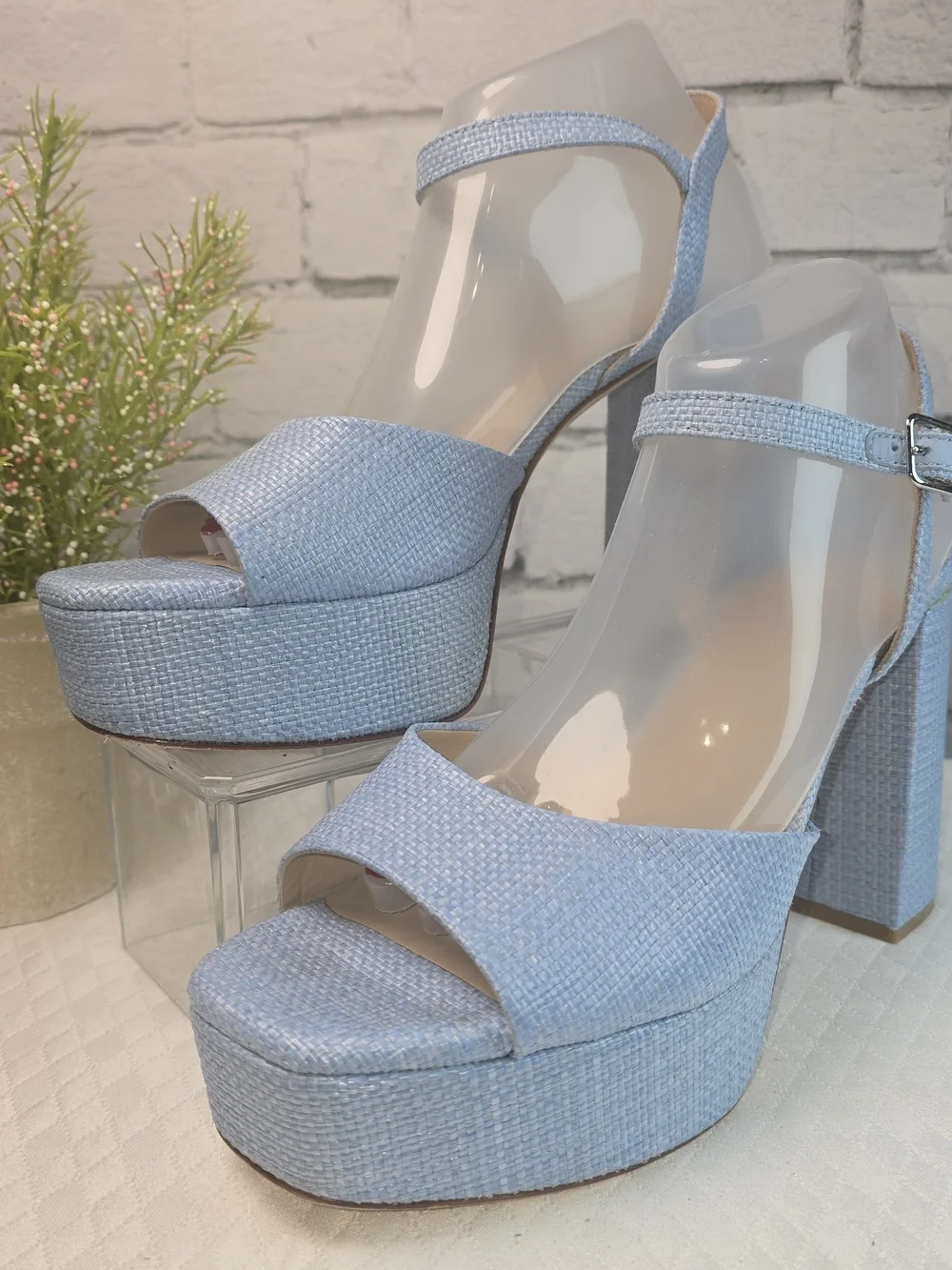 ANTONIO MELANI BONNY RAFFIA PLATFORM BLOCK HEEL POWDER BLUE SANDALS WOMENS 10M